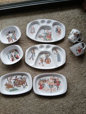Vintage Noritake Childrens Melamine Dish Set with Storybook Illustrations